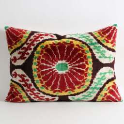 Handwoven Silk Velvet Ikat Cushion Uzbeki Lumbar Pillow - thumbnail 2