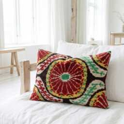 Handwoven Silk Velvet Ikat Cushion Uzbeki Lumbar Pillow