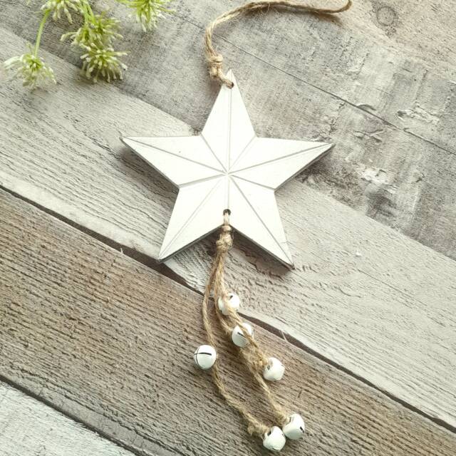 Wooden White Hanging Star Decoration With Bells - The Home & Hearts Shop Rustic Wall Decor Shabby Wedding Gift Christmas - image 1