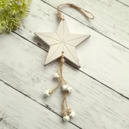 Wooden White Hanging Star Decoration With Bells - The Home & Hearts Shop Rustic Wall Decor Shabby Wedding Gift Christmas - thumbnail 3
