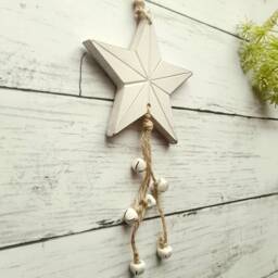 Wooden White Hanging Star Decoration With Bells - The Home & Hearts Shop Rustic Wall Decor Shabby Wedding Gift Christmas - thumbnail 2