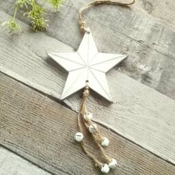 Wooden White Hanging Star Decoration With Bells - The Home & Hearts Shop Rustic Wall Decor Shabby Wedding Gift Christmas - thumbnail 1