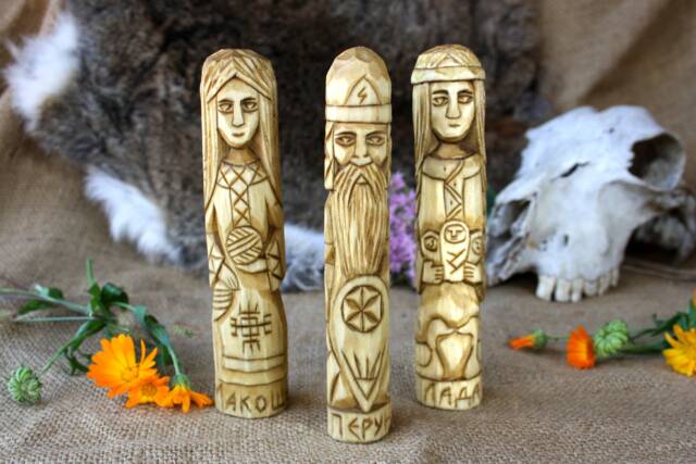 Hand Carved Wooden Slavic Gods Lada, Makosh, Perun Figurines - image 1