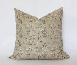 Tan Floral Pillow Cover Beige Wildflower Print, Handmade Cotton Cushion - thumbnail 1