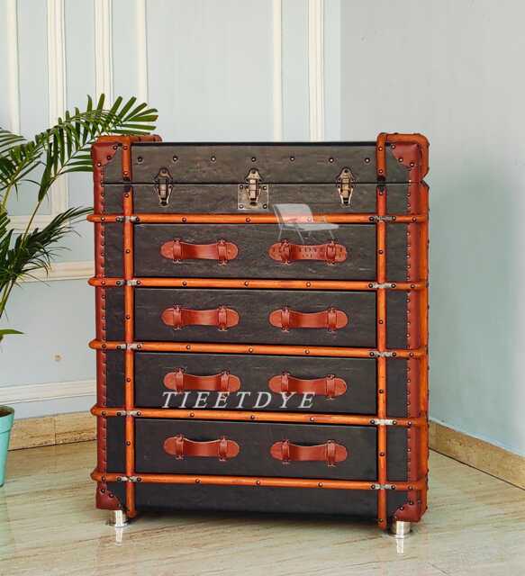 Tieetdye Industrial Aviator Trunk Chest Side Table & Leather Strap Wooden Dresser - image 1