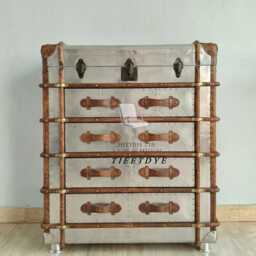 Tieetdye Industrial Aviator Trunk Chest Side Table & Leather Strap Wooden Dresser - thumbnail 4