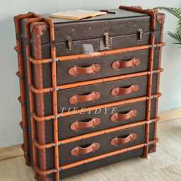 Tieetdye Industrial Aviator Trunk Chest Side Table & Leather Strap Wooden Dresser - thumbnail 2