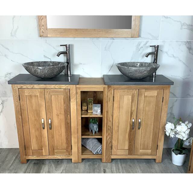 Bathroom Vanity Unit - Sink Washstand Slimline Oak With Grey Quartz Worktop & Sit On Basins Taps Plugs Included - image 1