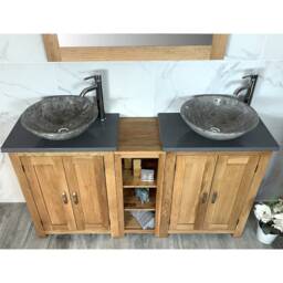 Bathroom Vanity Unit - Sink Washstand Slimline Oak With Grey Quartz Worktop & Sit On Basins Taps Plugs Included - thumbnail 2