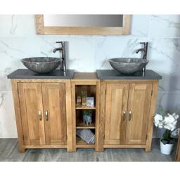 Bathroom Vanity Unit - Sink Washstand Slimline Oak With Grey Quartz Worktop & Sit On Basins Taps Plugs Included