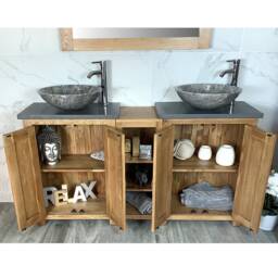 Bathroom Vanity Unit - Sink Washstand Slimline Oak With Grey Quartz Worktop & Sit On Basins Taps Plugs Included - thumbnail 3