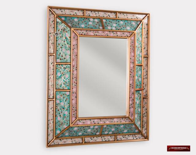 Rectangular Wall Accent Mirror, Turquoise Mirror For Wall Decor, Large Vanity Mirror From Peru, Painting On Glass With Gold Wood Framed - image 1