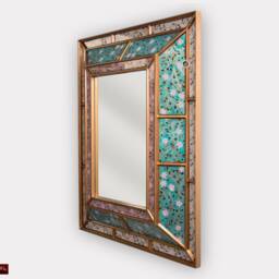 Rectangular Wall Accent Mirror, Turquoise Mirror For Wall Decor, Large Vanity Mirror From Peru, Painting On Glass With Gold Wood Framed - thumbnail 3