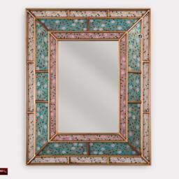 Rectangular Wall Accent Mirror, Turquoise Mirror For Wall Decor, Large Vanity Mirror From Peru, Painting On Glass With Gold Wood Framed - thumbnail 2