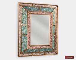 Rectangular Wall Accent Mirror, Turquoise Mirror For Wall Decor, Large Vanity Mirror From Peru, Painting On Glass With Gold Wood Framed