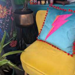 Bowie Lightning Bolt/Flash Luxury Mustard Yellow Velvet Cushion, Ziggy Cushions With Pink Or Red Lightning - thumbnail 4