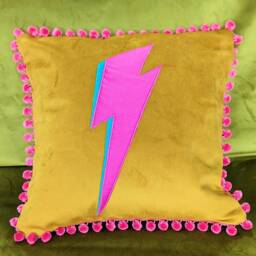 Bowie Lightning Bolt/Flash Luxury Mustard Yellow Velvet Cushion, Ziggy Cushions With Pink Or Red Lightning - thumbnail 3