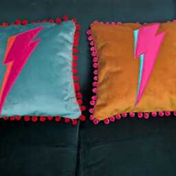 Bowie Lightning Bolt/Flash Luxury Mustard Yellow Velvet Cushion, Ziggy Cushions With Pink Or Red Lightning - thumbnail 2