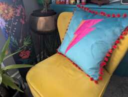 Bowie Lightning Bolt/Flash Luxury Mustard Yellow Velvet Cushion, Ziggy Cushions With Pink Or Red Lightning - thumbnail 1