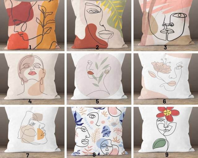Line Art Face Themed Throw Cushion Cover/Abstract Cartoon Woman Pillow Case/Boho Illustration/Body Silhouette/Modern Wedding Gift - image 1