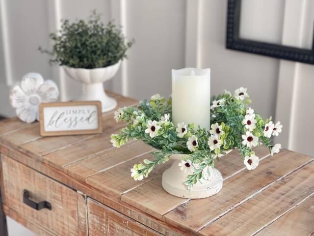 Spring/Summer Cheerful Blooming Candle Ring 10-In Outer 4.5-In Inner, Pillar Decor Lightly Powdered Greenery White Daisy Like Flowers - image 1