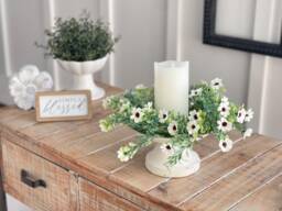 Spring/Summer Cheerful Blooming Candle Ring 10-In Outer 4.5-In Inner, Pillar Decor Lightly Powdered Greenery White Daisy Like Flowers - thumbnail 1