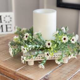 Spring/Summer Cheerful Blooming Candle Ring 10-In Outer 4.5-In Inner, Pillar Decor Lightly Powdered Greenery White Daisy Like Flowers - thumbnail 2