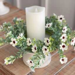 Spring/Summer Cheerful Blooming Candle Ring 10-In Outer 4.5-In Inner, Pillar Decor Lightly Powdered Greenery White Daisy Like Flowers - thumbnail 3