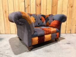 Unique British Copper Orange & Grey Velvet Fabric Patchwork Chesterfield Snuggle Armchair - thumbnail 1