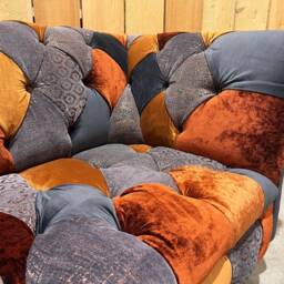 Unique British Copper Orange & Grey Velvet Fabric Patchwork Chesterfield Snuggle Armchair - thumbnail 4