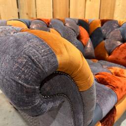 Unique British Copper Orange & Grey Velvet Fabric Patchwork Chesterfield Snuggle Armchair - thumbnail 2