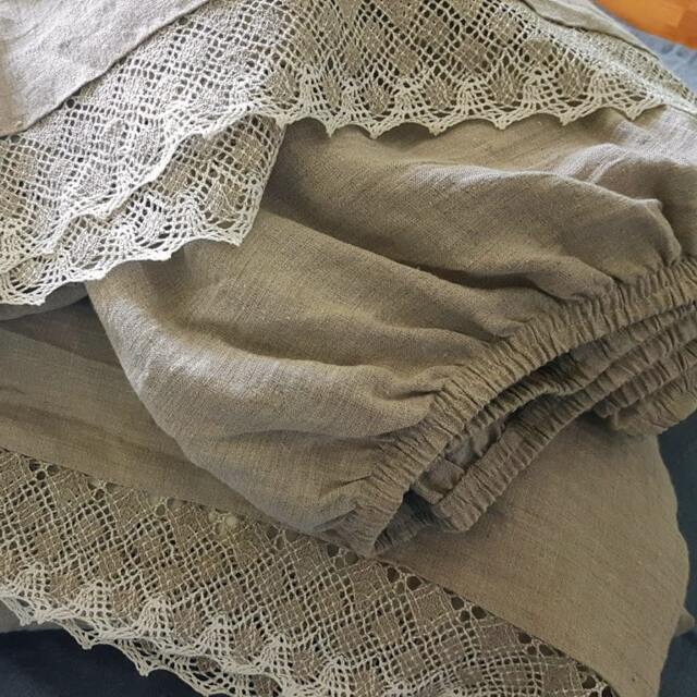 Lace Trimmed Linen Sheet Set Natural Flax Beige Bedding - image 1