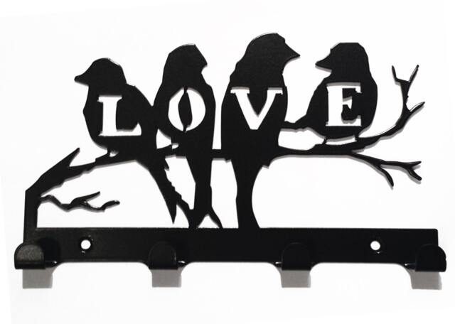 Love Birds Sitting On Branch Silhouette Key Hook Rack - Metal Wall Art