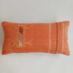 Moroccan Cactus Silk Cushion Cover, Handmade Orange Sabra Lumbar Pillow, Boho 24''x12''/60x30 cm - thumbnail 1