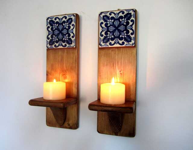 Mexican Tile Wall Sconces Handmade Reclaimed Pine Candle Holders - image 1