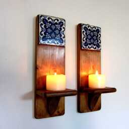 Mexican Tile Wall Sconces Handmade Reclaimed Pine Candle Holders - thumbnail 2