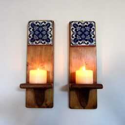 Mexican Tile Wall Sconces Handmade Reclaimed Pine Candle Holders - thumbnail 3