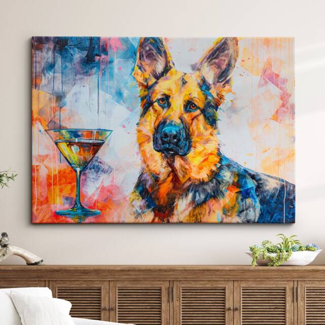 German Shepherd Martini Glass Painting Framed Poster Print & Canvas Wall Decor Art Bar Kitchen Room Dog Gift Pet - image 1