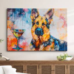 German Shepherd Martini Glass Painting Framed Poster Print & Canvas Wall Decor Art Bar Kitchen Room Dog Gift Pet