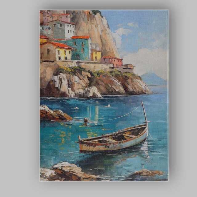 Mediterranean Cliffside Fishing Village Coastal Harbour Canvas Wall Art Print Decor Picture Ready To Hang - image 1