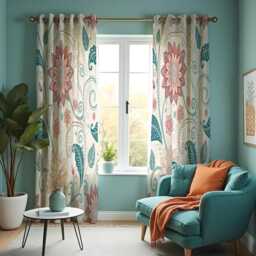 Bohemian Floral Curtains, Teal & Pink Mandala Flower Pattern Drapes, Boho Style Custom Made Window Panels, Eyelet Or Rod Pocket Curtains - thumbnail 4