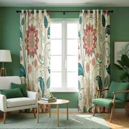 Bohemian Floral Curtains, Teal & Pink Mandala Flower Pattern Drapes, Boho Style Custom Made Window Panels, Eyelet Or Rod Pocket Curtains - thumbnail 2