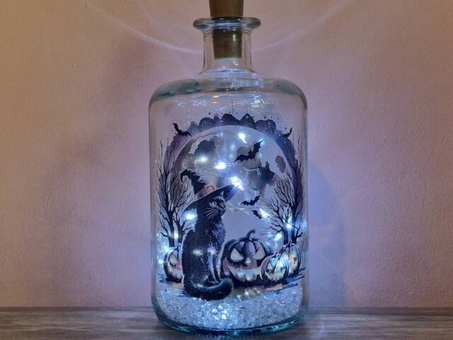 Spooky Halloween Bottle Lamp, Black Cat Vinyl Decor - image 1