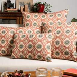 Mandala Motif Linen Print Boudoir Cushion Cover in Rust. Linen-Blend Block-Print Design Teal Blue, Terracotta Red & Ivory. 17x12 - thumbnail 3