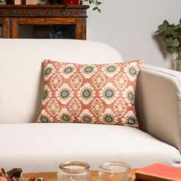 Mandala Motif Linen Print Boudoir Cushion Cover in Rust. Linen-Blend Block-Print Design Teal Blue, Terracotta Red & Ivory. 17x12 - thumbnail 1