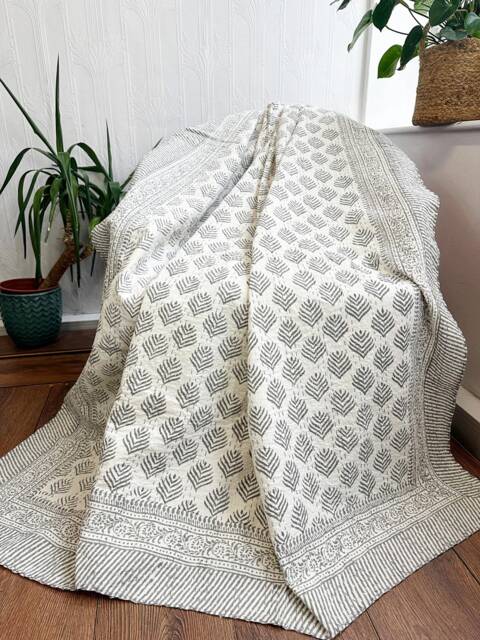 Kantha Stitch Pure Cotton Reversible Bed/Sofa Throw King Size - Handmade Handprinted Country Dohar Elegant White Grey Tribal Motif Stripe - image 1