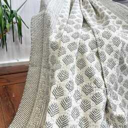 Kantha Stitch Pure Cotton Reversible Bed/Sofa Throw King Size - Handmade Handprinted Country Dohar Elegant White Grey Tribal Motif Stripe - thumbnail 2