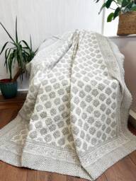 Kantha Stitch Pure Cotton Reversible Bed/Sofa Throw King Size - Handmade Handprinted Country Dohar Elegant White Grey Tribal Motif Stripe - thumbnail 1