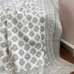 Kantha Stitch Pure Cotton Reversible Bed/Sofa Throw King Size - Handmade Handprinted Country Dohar Elegant White Grey Tribal Motif Stripe - thumbnail 3