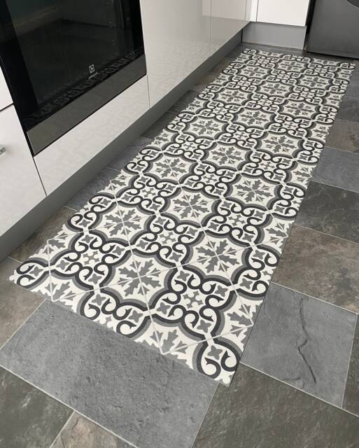 Moroccan Style Vinyl Runner Rug in Grey & White Pattern, Kitchen Floor Mat Decorative Tile Effect Design - image 1
